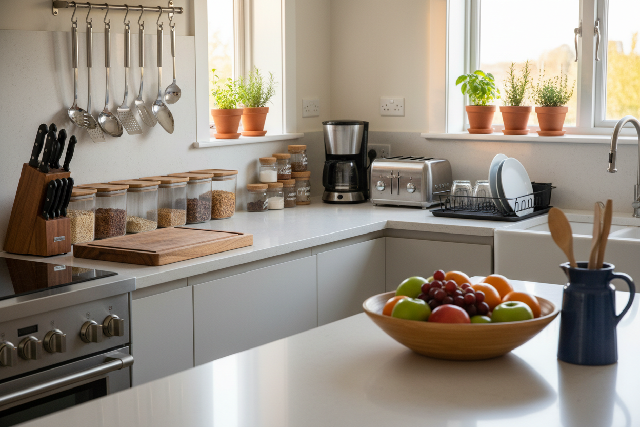 quiero una imagen de una cocina decorada con productos practicos 